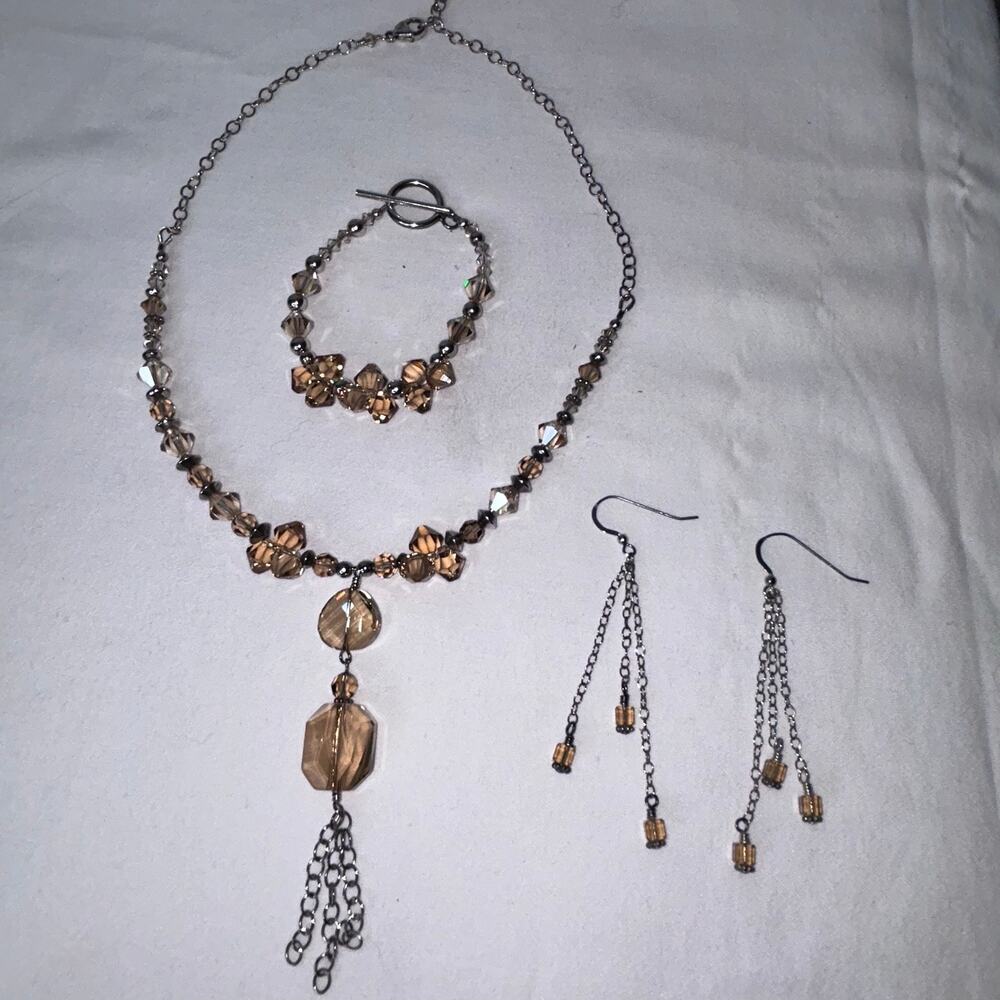 OOAK Swarovski Light Topaz Crystal Necklace Bracelet Earrings Set Silver bridal